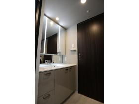三面鏡にハンドシャワー付、使いやすい洗面台